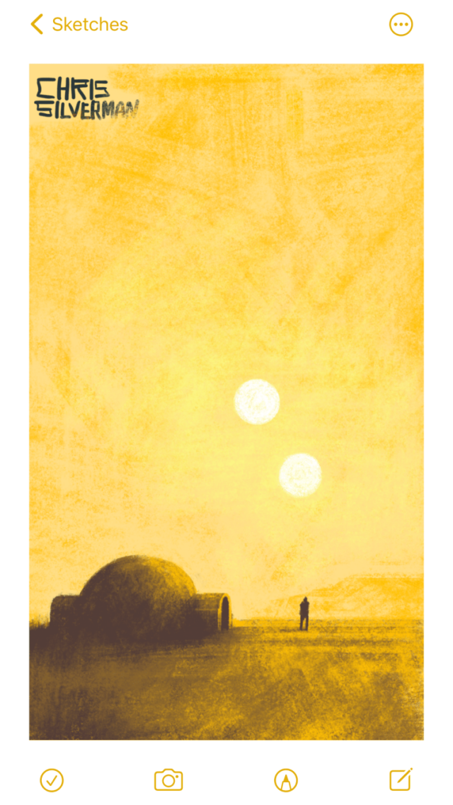 A barren, sun-blasted desert, rendered in shades of bleached yellow and tan. This desert is particularly sun-blasted because hanging low in the sky are not one but two suns, similarly sized and close to each other. In the background is a low mountain. In the foreground is a small, domed building that looks like an igloo with entrances in the front and the back. To the right of the building is the small figure of a person; possibly a bored moisture farmer who is wondering where his droid went.