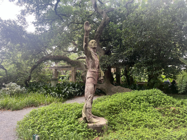 The Miami Indian statue at the New Orleans City Park Botanical Gardens, a striking stone sculpture of a Native American figure with an arm raised, possibly in a gesture of greeting or invocation. The figure is adorned in traditional attire, which adds to its cultural and historical significance. Set against a backdrop of lush greenery and framed by an archway covered in vines, the statue contributes to the tranquil and reflective atmosphere of the gardens. This piece stands amidst sprawling, mature trees, inviting visitors to appreciate both the natural beauty and the rich heritage it represents.