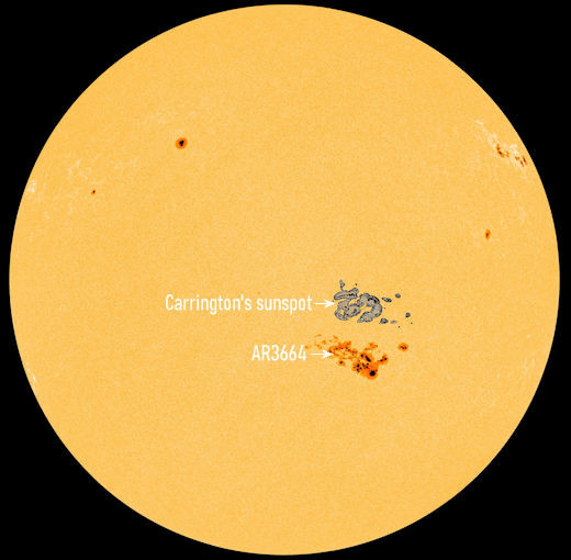 An image of the Sun as of May 8, 2024. In red, is the current sunspot AR3666. Above the spot in gray is a sunspot from the past (Carrington's sunspot), which caused electrical disruptions on Earth in 1859.