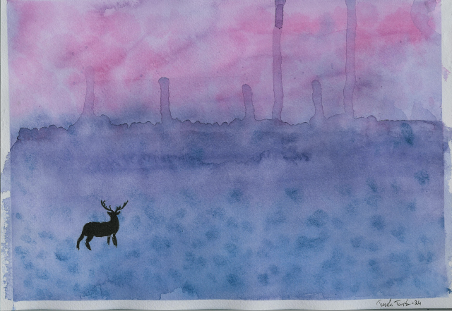 hazy dusk with a field, where silhouette of deer can be seen. Sky is purple and fog had descended on the field, making it blue.

It's sneaky bisexual pride flag.
