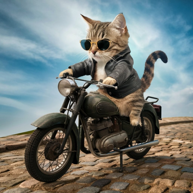 Black leather jacket Ideogram Cat riding a motorcycle.