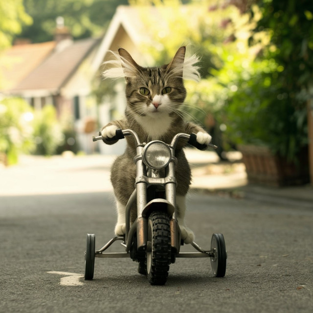 Training wheels Ideogram Cat riding a motorcycle.