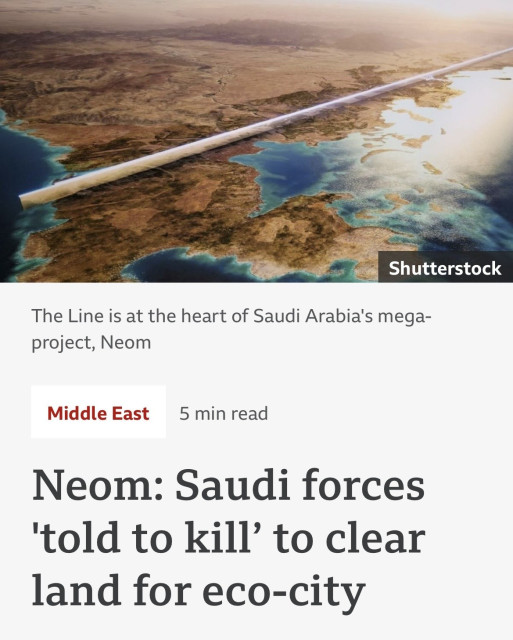 Shutterstock
The Line is at the heart of Saudi Arabia's mega-
project, Neom
Middle East
5 min read
Neom: Saudi forces
'told to kill' to clear
land for eco-city