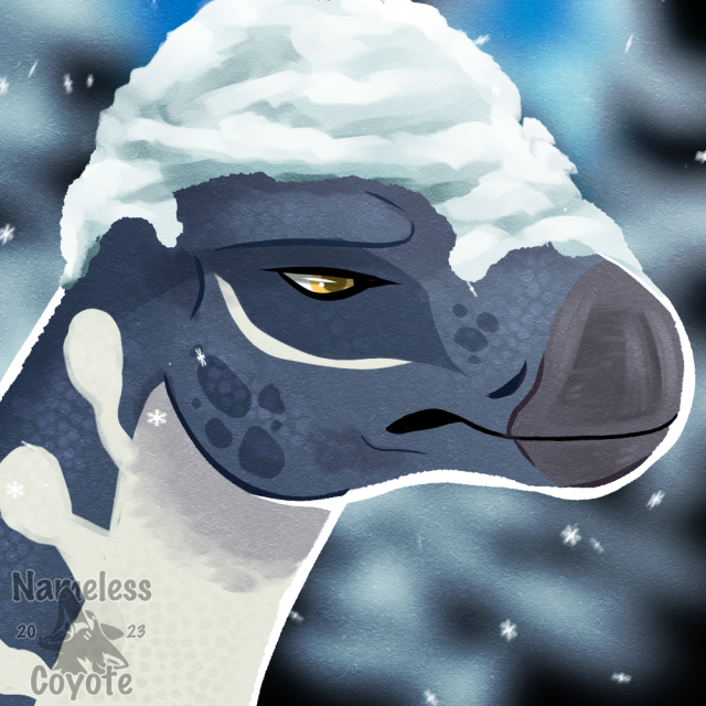 Iguanadon (dinosaur) with snow on their head, looking grumpy.
Icon, only head and neck showing.