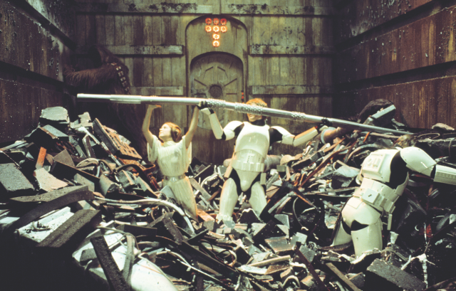 Luke and Leia in the Death Star trash compactor in the first Star Wars film.