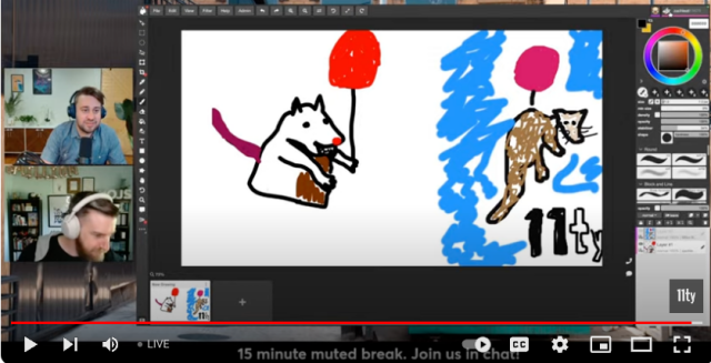 Screenshot of a youtube video showing Zach and Mike hard at work in a document, both drawing possums with balloons. Both drawings look like they were done by developers, with a mouse, in five minutes.