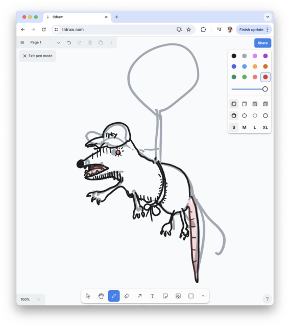 Screenshot of a tldraw window where I drew a possum aloft via balloon. Looks like a drawing done in five minutes by someone with a drawing tablet and an art degree, but who hasn't drawn regularly in many, many years.