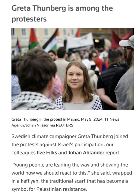 Greta Thunberg is among the protesters

Swedish climate campaigner Greta Thunberg joined the protests against Israel's participation, our colleagues Ilze Filks and Johan Ahlander report.

"Young people are leading the way and showing the world how we should react to this," she said, wrapped in a keffiyeh, the traditional scarf that has become a symbol for Palestinian resistance.