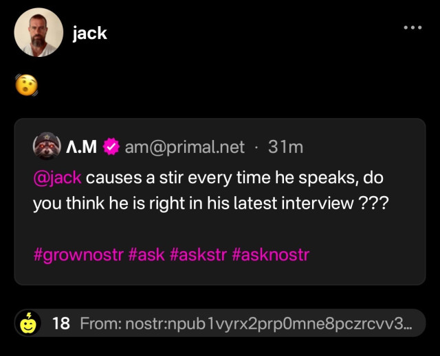 A screenshot from a social media platform. The main content is a post from a user named A.M., who has a cat avatar and a handle @am@primal.net. The post reads: "@jack causes a stir every time he speaks, do you think he is right in his latest interview ??? #grownost #ask #askstr #asknostr". Above this post, another user named Jack, displayed with an avatar of a bearded man, has reacted with a shaking, rolling face emoji. The post has 18 likes, and a text below indicates it comes from a decentralized social network platform, identified by a unique identifier string. The tone of the post suggests a debate or discussion about the person named Jack and his opinions or statements made during an interview.