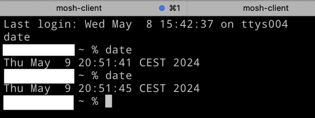 Screenshot of a terminal window, taken at about 11:20 CEST on 2024-05-10. It reads: 
Last login: Wed May 8 15:42:37 on ttys004
~ % date
Thu May 9 20:51:41 CEST 2024
~ % date
Thu May 9 20:51:45 CEST 2024
~%
