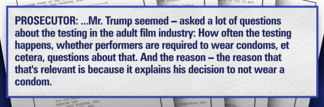 Screenshot from the transcript:

"PROSECUTOR: ...Mr. Trump seemed - asked a lot of questions about the testing in the adult film industry: How often the testing happens, whether performers are required to wear condoms, et cetera, questions about that. And the reason - the reason that that's relevant is because it explains his decision to not wear a condom."