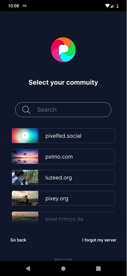 Screenshot of Pixelfed Login concept. Title "Select your community" and below a search input and a list of instances.