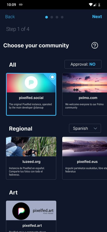 Design concept of Pixelfed App to create account with the title "Choose your community" followed by a question mark. Below a list of Instances with description grouped by categories: All, Regional, Art. Some of them have filters like need approval or language for Regional.