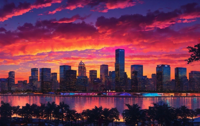 A vibrant sunset sky with rich orange and purple hues over a city skyline reflected in water, with silhouettes of palm trees in the foreground.