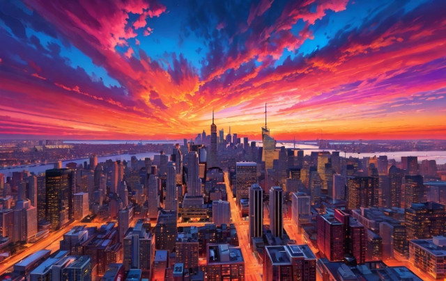 Aerial view of a city skyline at sunset with vivid red and purple clouds.