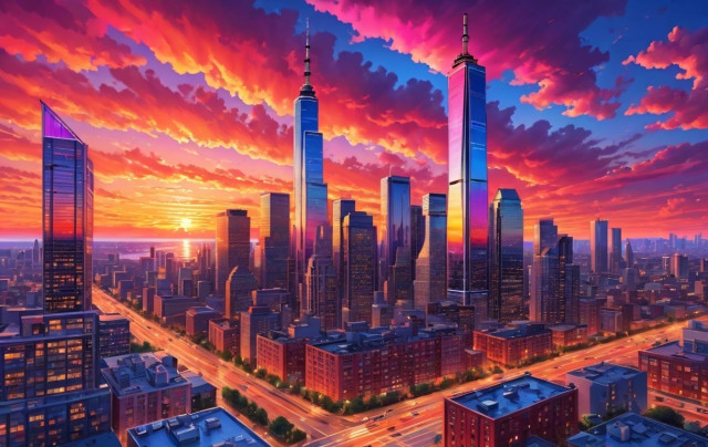 A vibrant city skyline at sunset with tall skyscrapers and colorful clouds.