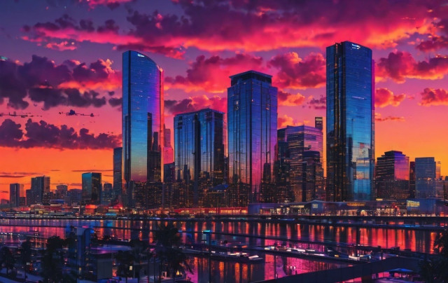 A dramatic city skyline at sunset with vibrant pink and orange clouds, reflective skyscrapers, a calm river, and boats.