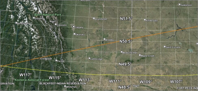 A diagonal line across BC, Alberta, and Saskatchewan, showing the ground-track of the object that likely caused debris to fall in someone's field in Saskatchewan.  Image CC-BY Jonathan McDowell. 