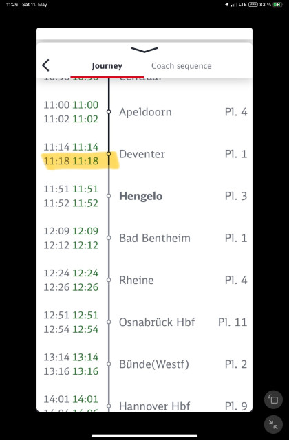 Screenshot aus der DB-Navigator-App mit dem Zuglauf und den vorgesehenen und den angeblich realen Ankunfts- und Abfahrtzeiten.
Die reale Abfahrtszeit in Deventer ist falsch mit 11:18 an gegeben.
Der nächste Stopp is Hengelo, vorgesehen und real mit 11:51