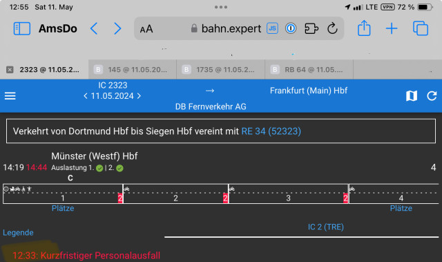 Screenshot von Bahn.Expert um 12:55
IC2323 ab Münster 14:19 geplant, 14:44 real, Meldung um 12:33 Kurzfristiger Personalausfall