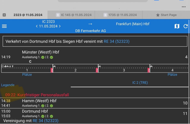 Screenshot von Bahn.Expert um 11:12
IC2323 ab Münster 14:19 geplant, keine neue Zeit, Meldung um 09:22 Kurzfristiger Personalausfall