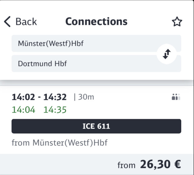 Ausschnitt aus der DB-Navigator-App, Verbindungssuche von Münster nach Dortmund. Angezeigt wird ICE611 regulär 14:02 - 14:32 und in darunter die voraussichtlich realen Zeiten 14:04 - 14:35
