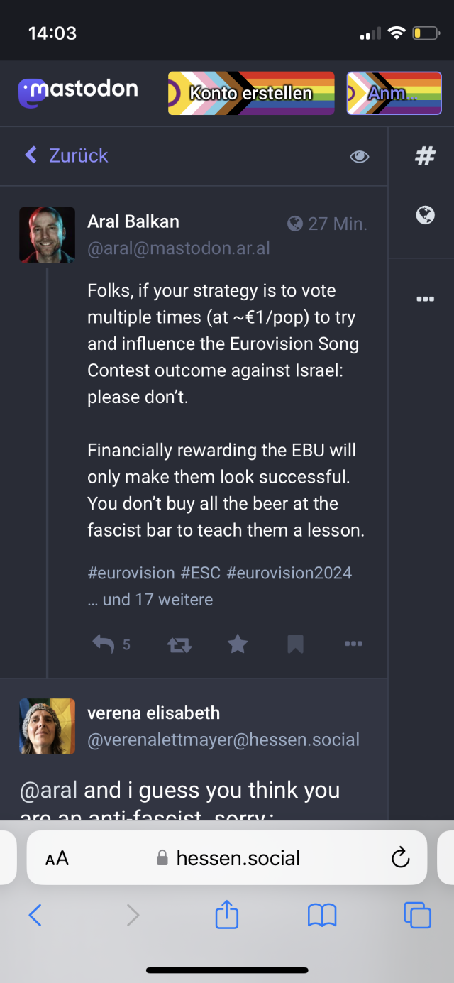 Screenshot of my post:

Folks, if your strategy is to vote multiple times (at ~€1/pop) to try and influence the Eurovision Song Contest outcome against Israel: please don’t. 

Financially rewarding the EBU will only make them look successful. You don’t buy all the beer at the fascist bar to teach them a lesson.