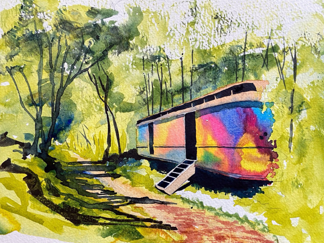 Watercolor painting of a vividly coloured solitary railway carriage surrounded by trees with a path running past it.