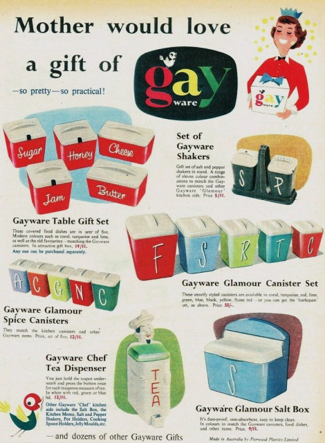 Vintage ad for Gay Ware housewares. A selection of plastic kitchen items, like spice canisters and salt shakers. An illustration of a woman with a crown on her head and a wrapped gift in her hands. Headline reads: "Mother would love a gift of Gay Ware"