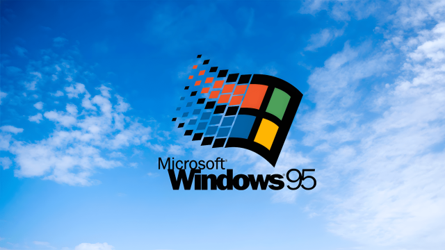 Microsoft Windows 95 Boot Screen Logo (Cloudy blue sky background, with a red/green/blue/yellow windows logo in 2D like a flag in the wind and the text "Microsoft" small and "Windows" bold and number 95