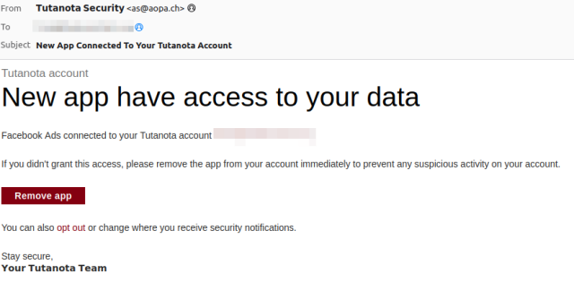 Screenshot of a phishing mail, pretending to come from Tutanota.