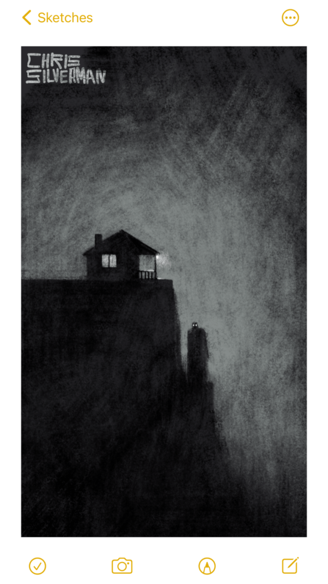 A house on the edge of a steep cliff at night. The house is small, with two lit windows, and a back porch that faces the cliff. A white light is glowing on the back porch. About halfway down the cliff is a small ledge on which is standing a very tall creature, about the size of the house, with two glowing eyes. There appears to be a staircase, or some sort of path, down the side of the cliff. There is no moon or stars. This is a grayscale drawing.