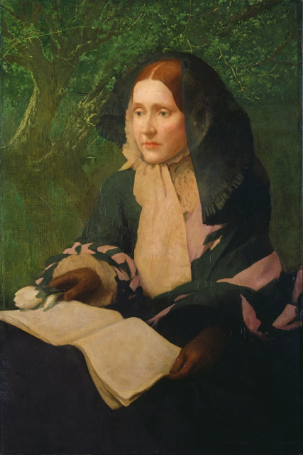 Painting of Julia Ward Howe by John Elliott in 1925. She has red hair and is sitting in a nature scene with a book and a flower wearing a green and pink outfit and a head covering