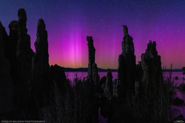 Magenta pillars rising from the sierras, with Mono Lake tufa in the foreground. The aurora is mostly pink with a fringe of yellow-green underneath.
