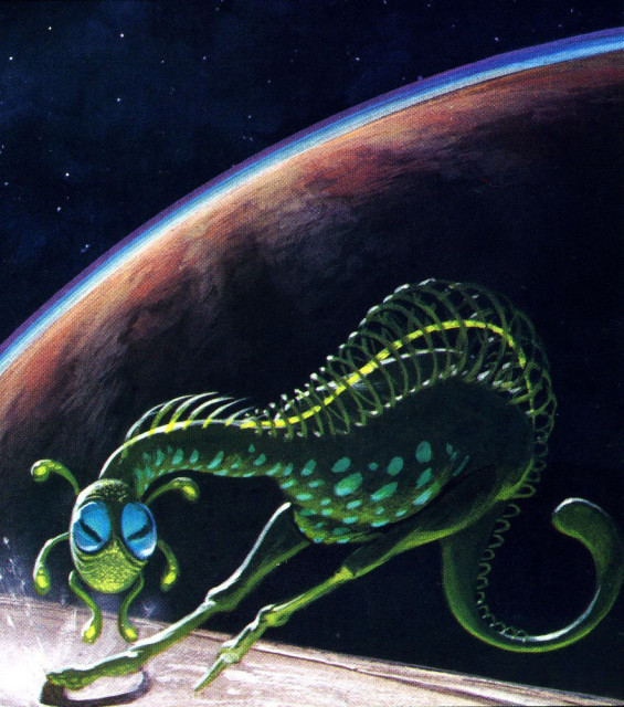 EUROPA - Skating on the surface of Europa with Jupiter looming behind, a green skinned Brinker-Roo slits bulbous eyes and focuses face tentacles forward as it tilts in an aggressive turn. It has no arms and finds balance in the arc of a long spotted neck and an aft heavy with meaty thighs and bony lower legs that end in skate blades. A spiral formation on its back stretches like a Slinky. Behind, its blunt tipped tail curls upward.
