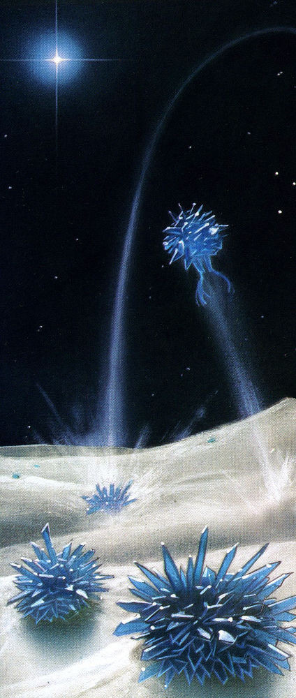 PLUTONIAN ZISTLES - Clumps of blue crystal rocket off and crash down on pale regolith set against a black starscape.
