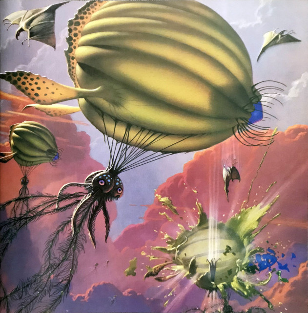 JOVIAN ATTACK - In the clouded skies of Jupiter, Swordtails attack Jellyblimps. The Swordtails resemble aquatic rays, forming broad triangles as they glide with wings wide. They drop tail down to dive bomb the black tentacled cephalopods dangling from green blimp-like air sacs on a series of black cords.
