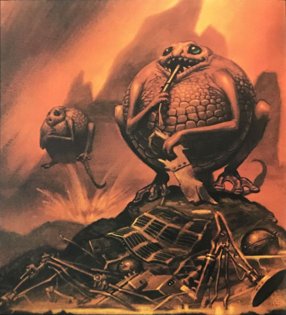VENUSIANS - A plump Oucher-Poucher sits on a rock surrounded by the wreckage of a downed space probe. In one hand, it grasps scrapped paneling while drawing a metal rod to its wide mouth. The background and creatures are volcanic orange. Bulbous, it has a scaled belly, big eyes and legs that fold under like a frog. In the background another Outcher-Poucher blasts off with a stream of propulsion coming from its underside. It hugs itself tight in cannonball position.
