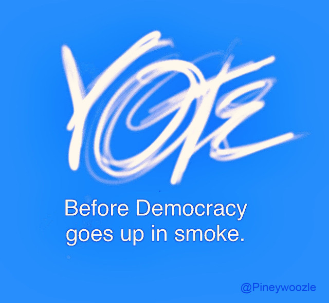 The word VOTE written in smoke. Below it the words - Before Democracy goes up in smoke… Signed @Pineywoozle