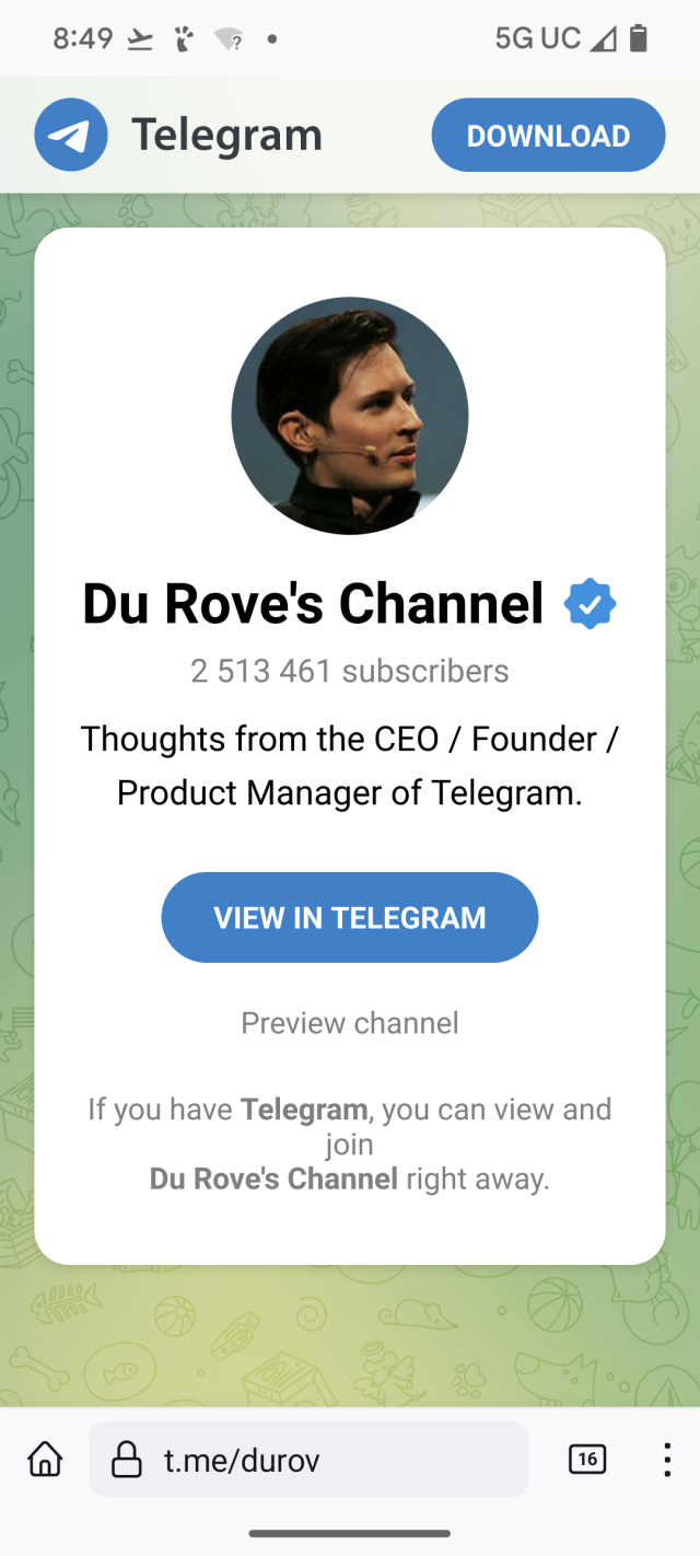  A screenshot of Pavel Durov's Telegram page