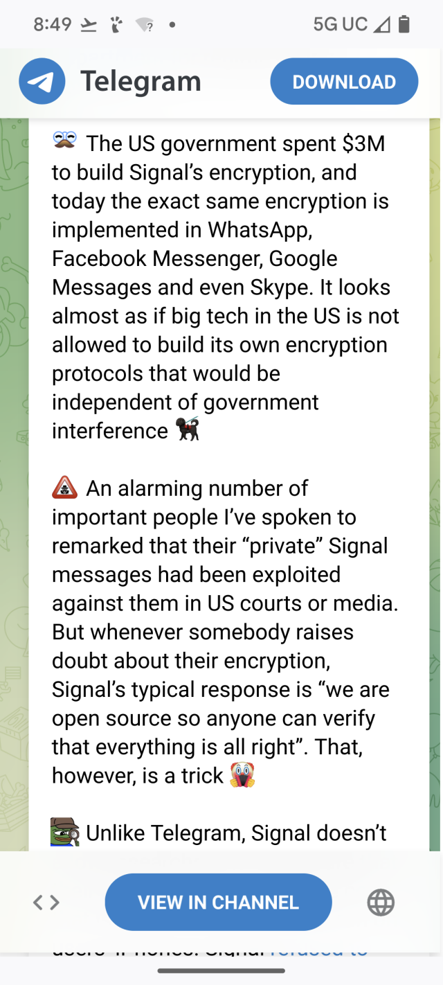 Screenshot of a recent post from Durov on Telegram. It mentions money given to Signal early in its development. This is public knowledge and carried out through a technology grant.
