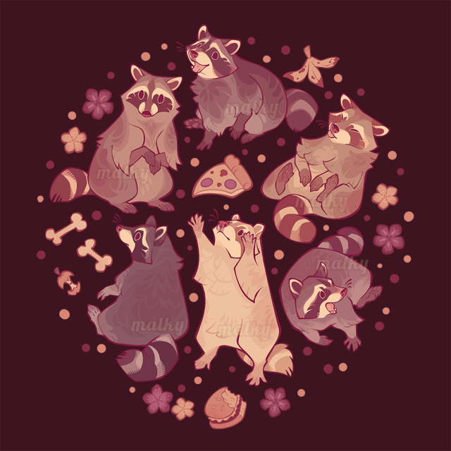 cute drawings of raccoons surrounded by polkadots, flowers and trash on a dark background color