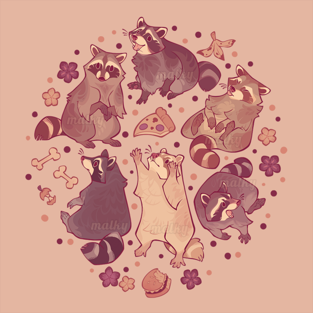 cute drawings of raccoons surrounded by polkadots, flowers and trash on a light background color