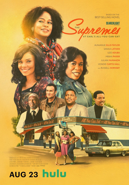 Poster for "The Supremes at Earl's All-You-Can-Eat" featuring illustrated portraits of the cast above an image of a diner, with the title, cast names, and the Hulu logo with a release date of August 23