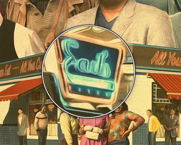 Illustrated scene of various people on a street with shops, highlighted by a magnifying glass focusing on a neon sign that reads "Earl's."