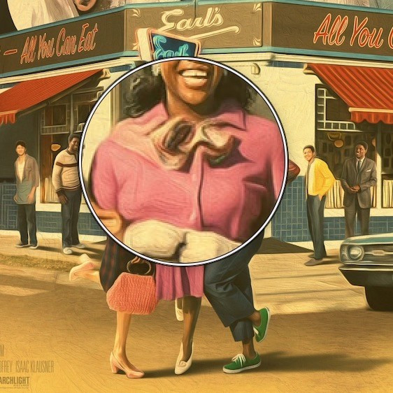 A stylized image featuring a diner with the sign "Earl's - All You Can Eat" and several people outside, enhanced with a circular magnification effect over a smiling woman in the foreground.