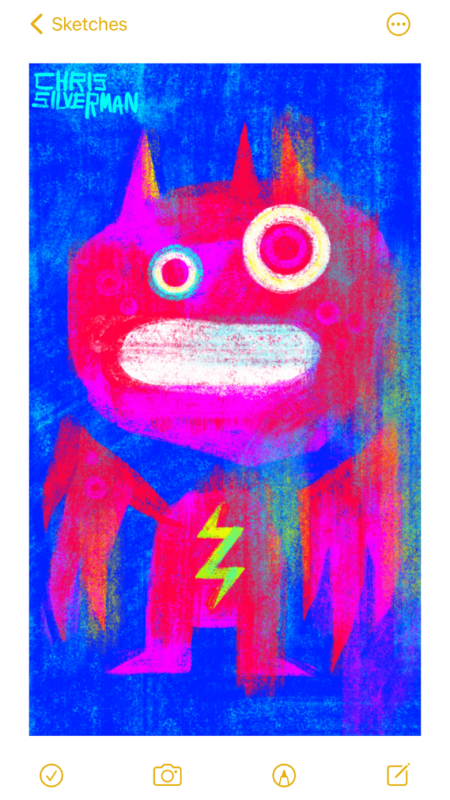 A roughly rendered figure with three horns; a large, open mouth; round, staring eyes; and two appendages that could be either giant clawed hands or bat-like wings. The figure has a neon yellow lightning bolt on the front of it. This is a red and crimson figure on a cobalt blue background.