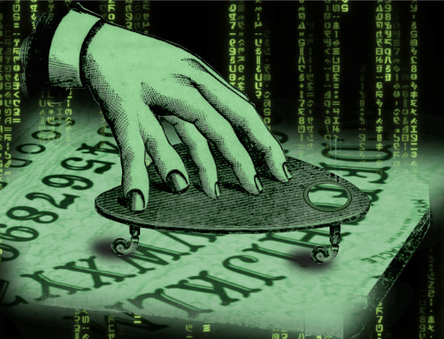 An old woodcut of a disembodied man's hand operating a Ouija board planchette. It has been modified to add an extra finger and thumb. It has been tinted green. It has been placed on a 'code waterfall' backdrop as seen in the credit sequences of the Wachowskis' 'Matrix' movies.