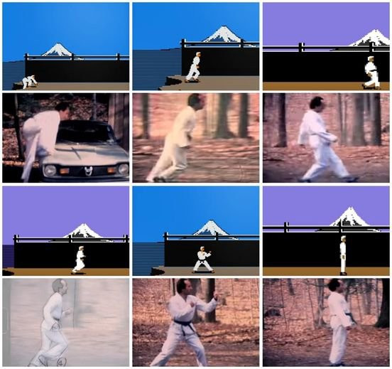 Several still frames of video and game capture screens showing the source subject used for rotoscoping the main character for the Apple II game, Karateka.