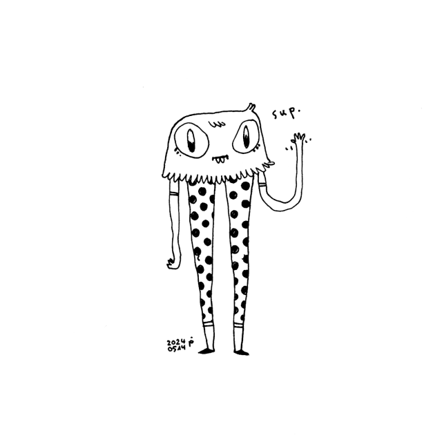 a drawing of a creature that consists of a very big owl-like head (but with bunny teeth instead of a beak) and two long legs in tight polka-dotted pants and two also long but not as long as the legs arms. it's looking at the viewer in a somewhat neutral way, waving with one hand and saying "sup."
